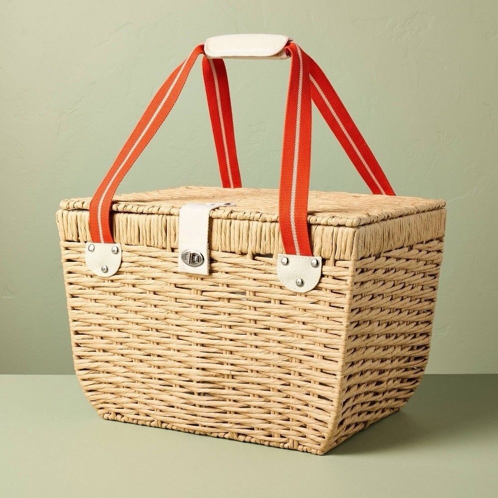 Hearth & Hand Magnolia Woven Paper Picnic Basket Tote Natural Storage Bag New